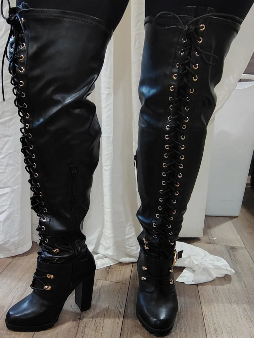 Black Lace-Up Over-the-Knee Heeled Boots